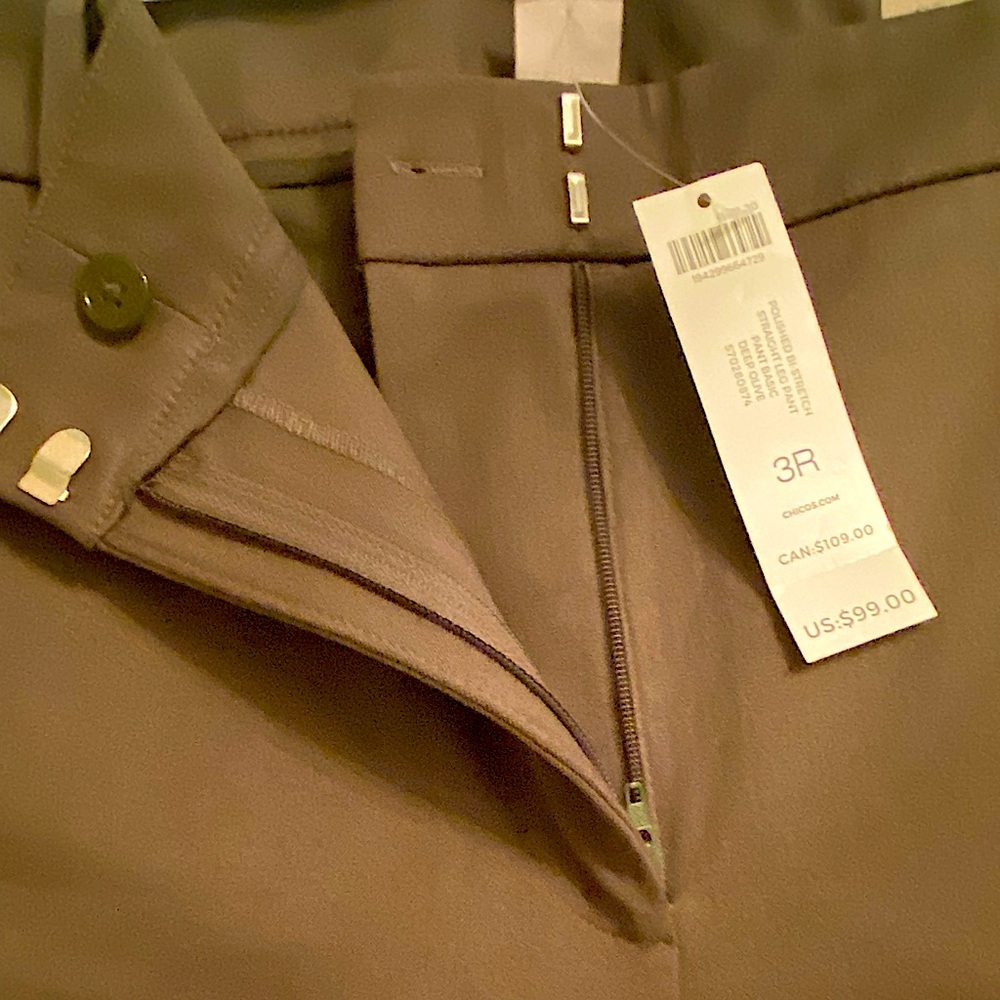 Chico’s polished bi-stretch straight leg pant - deep olive (unlined); brand new